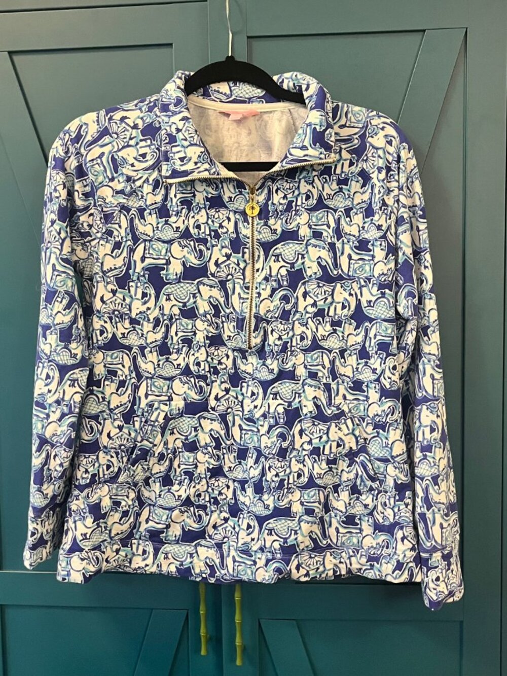 Lilly Pulitzer Skipper Popover "Get Trunky" Blue Elephant Print Size M
